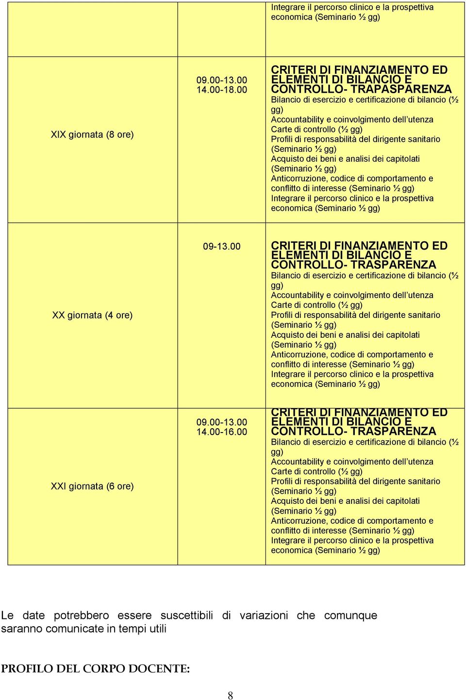 00 CRITERI DI FINANZIAMENTO ED CONTROLLO- TRASPARENZA Bilancio di esercizio e certificazione di bilancio (½ gg) conflitto di interesse Integrare il percorso clinico e la prospettiva economica XXI