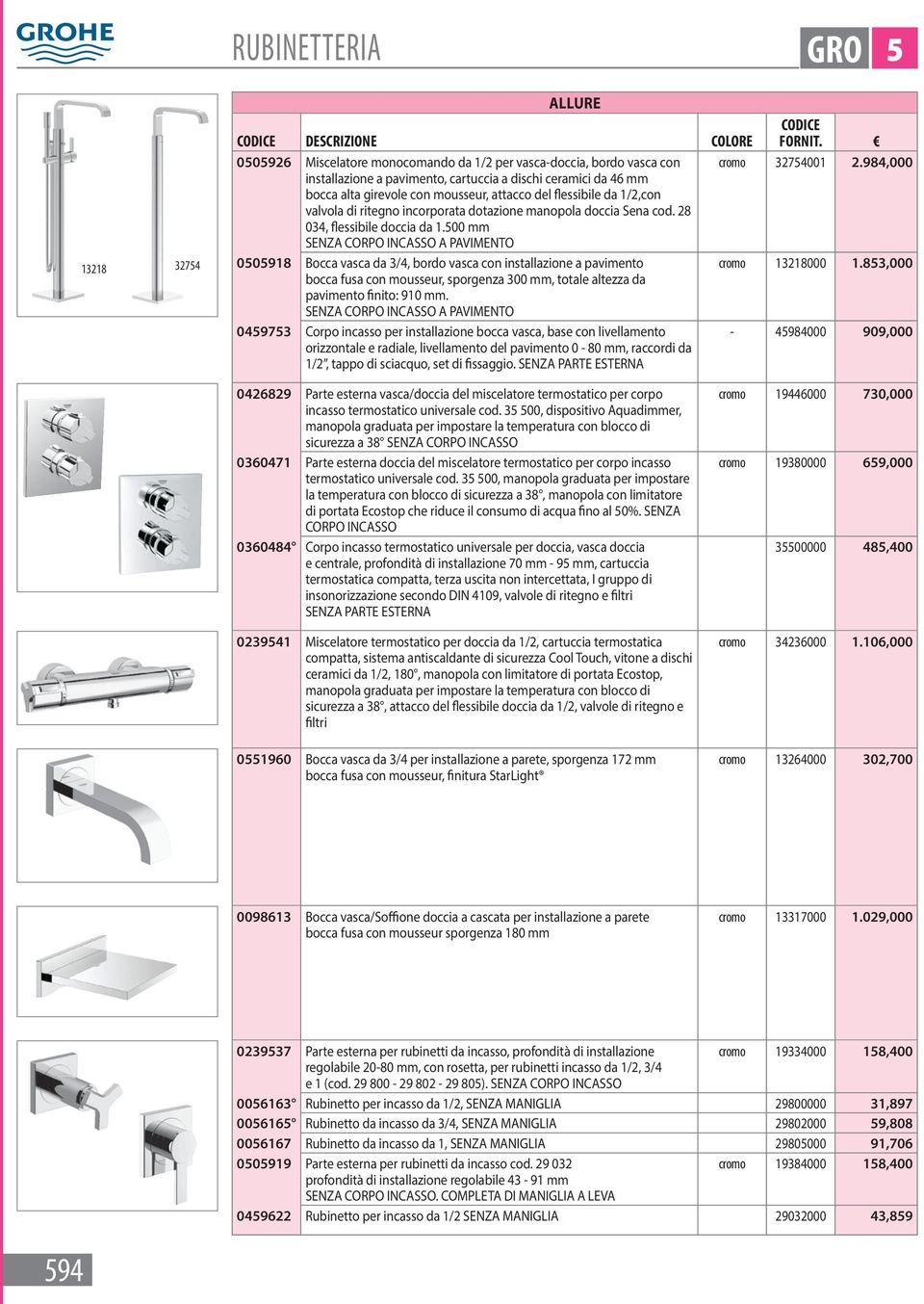 Sena cod. 28 034, flessibile doccia da 1.500 mm SENZA CORPO INCASSO A PAVIMENTO 0505918 Bocca vasca da 3/4, bordo vasca con installazione a pavimento cromo 13218000 1.