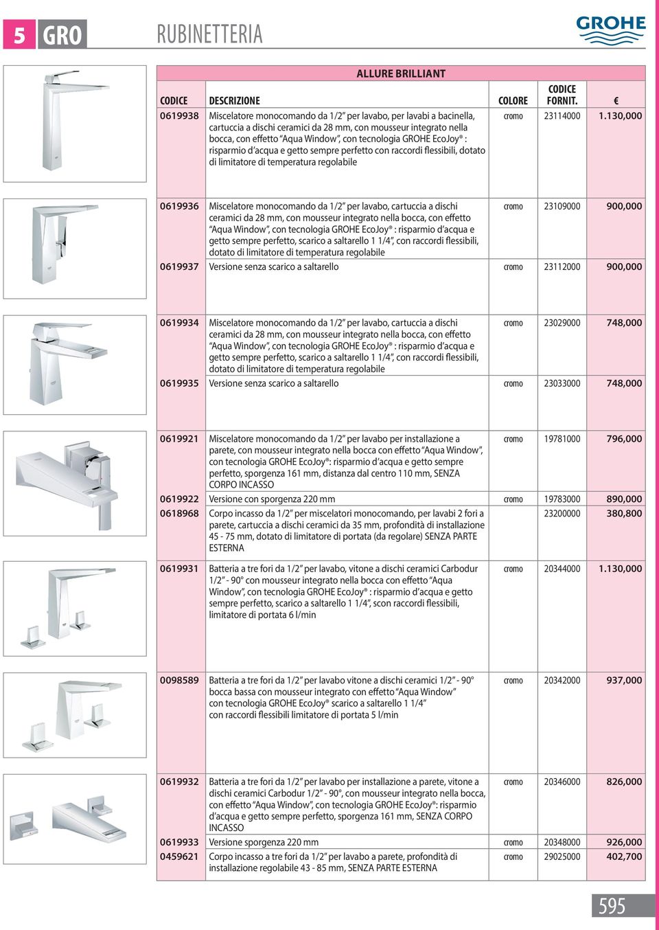 130,000 0619936 Miscelatore monocomando da 1/2 per lavabo, cartuccia a dischi cromo 23109000 900,000 ceramici da 28 mm, con mousseur integrato nella bocca, con effetto Aqua Window, con tecnologia