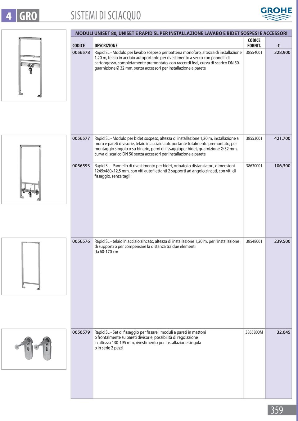 Ø 32 mm, senza accessori per installazione a parete 38554001 328,900 0056577 Rapid SL - Modulo per bidet sospeso, altezza di installazione 1,20 m, installazione a muro e pareti divisorie, telaio in