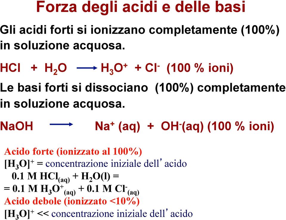 NaOH Na + (aq) + OH - (aq) (100 % ioni) Acido forte (ionizzato al 100%) [H 3 O] + = concentrazione iniziale dell acido