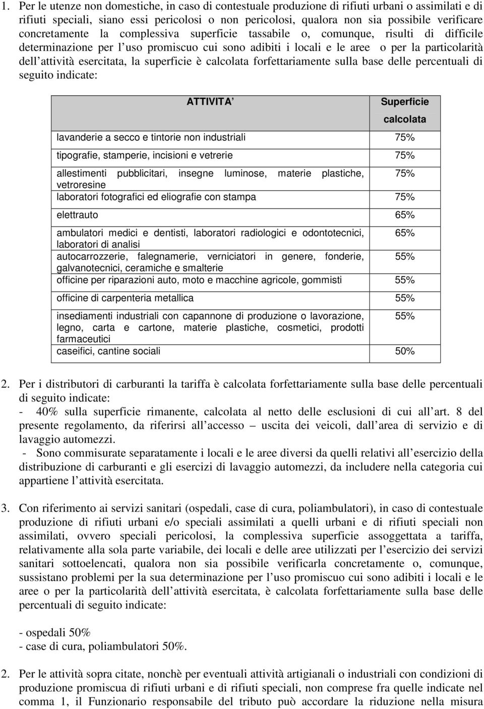 esercitata, la superficie è calcolata forfettariamente sulla base delle percentuali di seguito indicate: ATTIVITA Superficie calcolata lavanderie a secco e tintorie non industriali 75% tipografie,