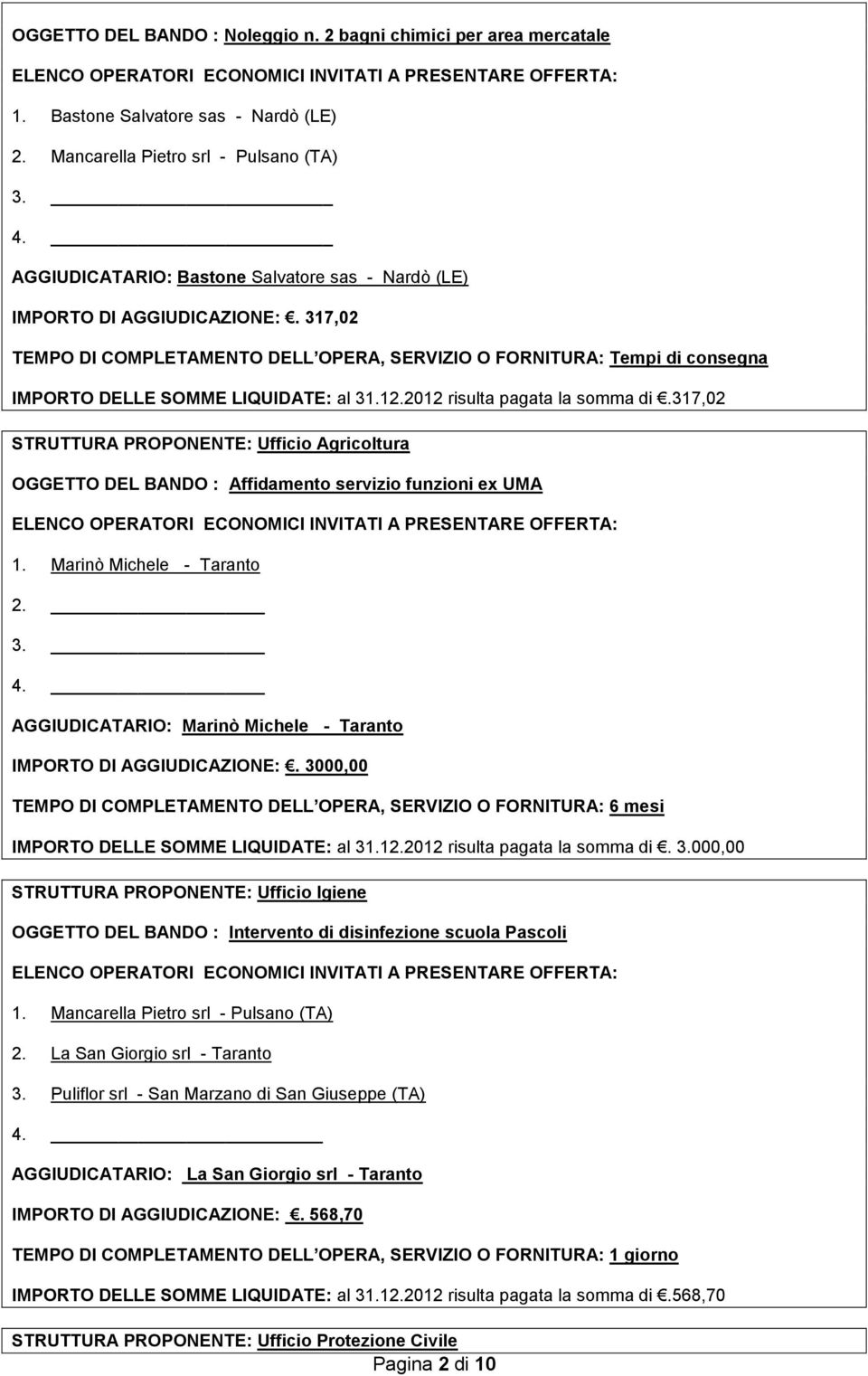 317,02 TEMPO DI COMPLETAMENTO DELL OPERA, SERVIZIO O FORNITURA: Tempi di consegna IMPORTO DELLE SOMME LIQUIDATE: al 31.12.2012 risulta pagata la somma di.