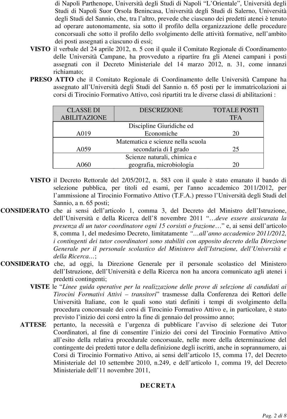 delle attività formative, nell ambito dei posti assegnati a ciascuno di essi; VISTO il verbale del 24 aprile 2012, n.