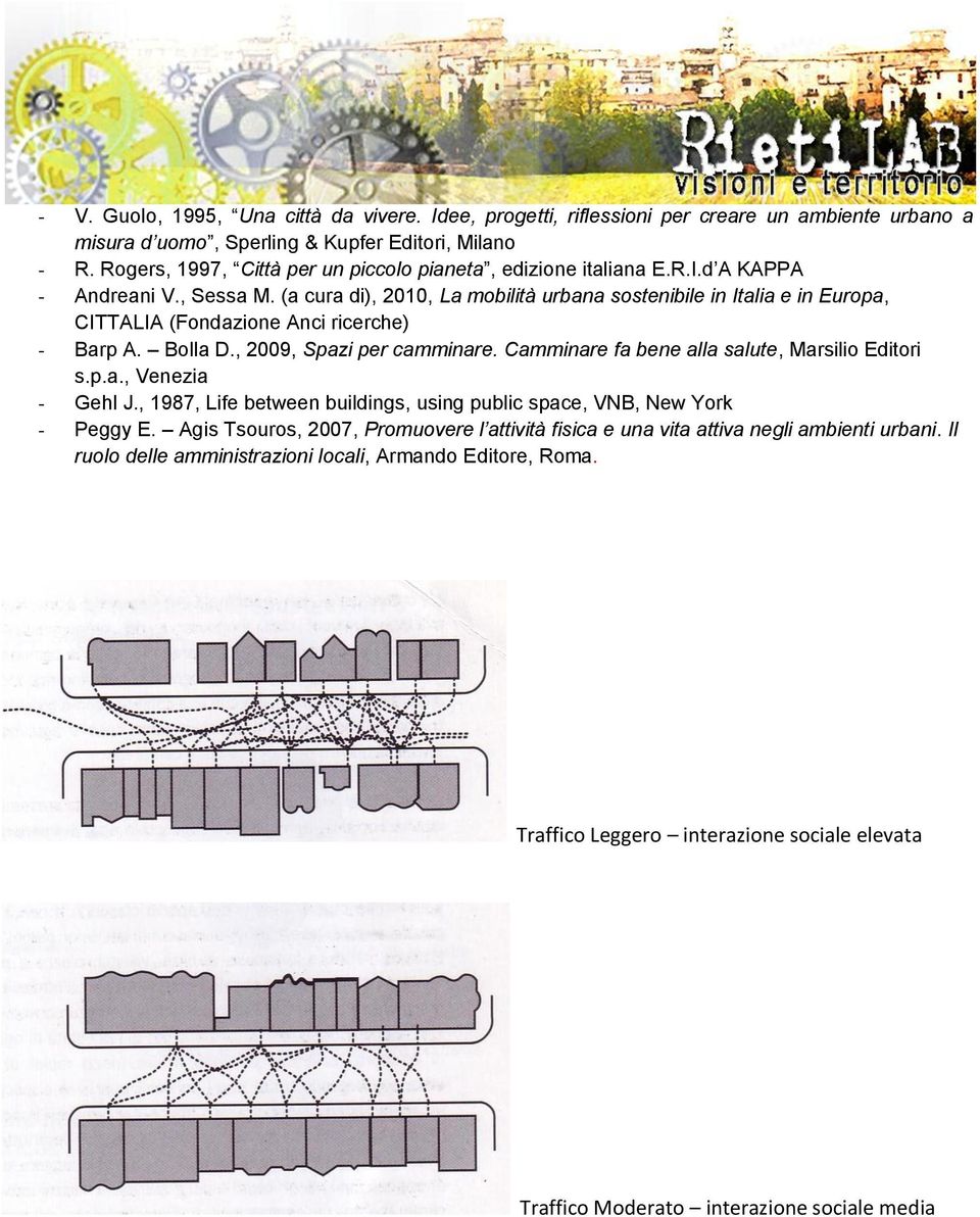 (a cura di), 2010, La mobilità urbana sostenibile in Italia e in Europa, CITTALIA (Fondazione Anci ricerche) - Barp A. Bolla D., 2009, Spazi per camminare.