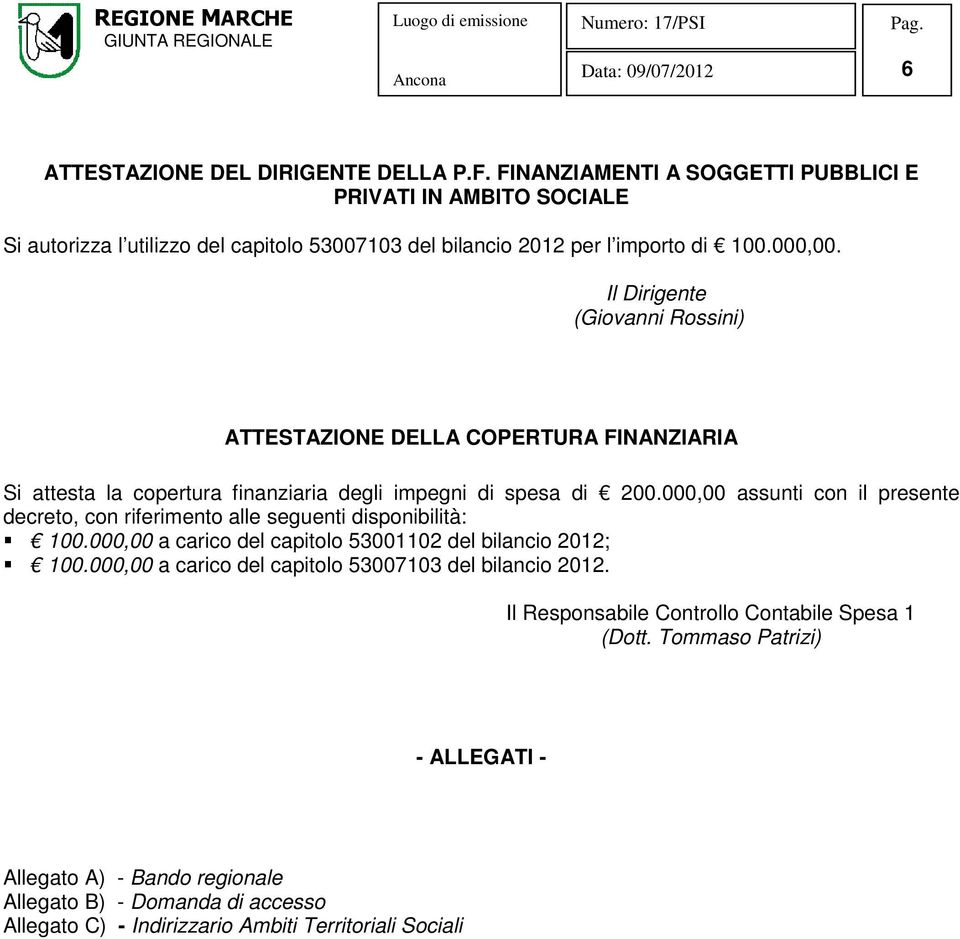 Il Dirigente (Giovanni Rossini) ATTESTAZIONE DELLA COPERTURA FINANZIARIA Si attesta la copertura finanziaria degli impegni di spesa di 200.