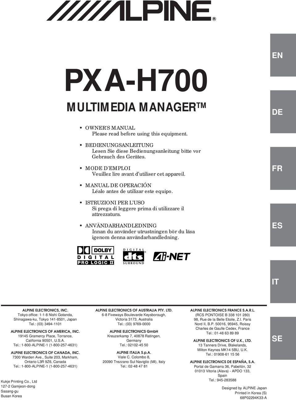 ANVÄNDARHANDLEDNING Innan du använder utrustningen bör du läsa igenom denna användarhandledning. ALPINE ELECTRONICS, INC. Tokyo office: 1-1-8 Nishi Gotanda, Shinagawa-ku, Tokyo 141-8501, Japan Tel.