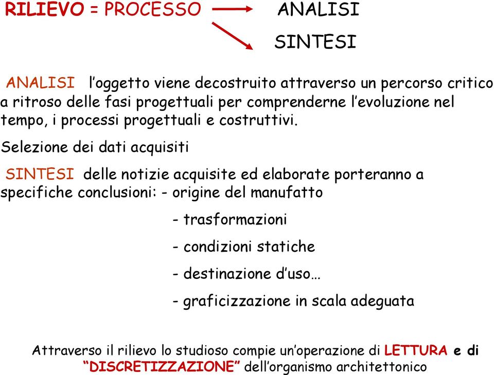 Selezione dei dati acquisiti SINTESI delle notizie acquisite ed elaborate porteranno a specifiche conclusioni: - origine del manufatto -