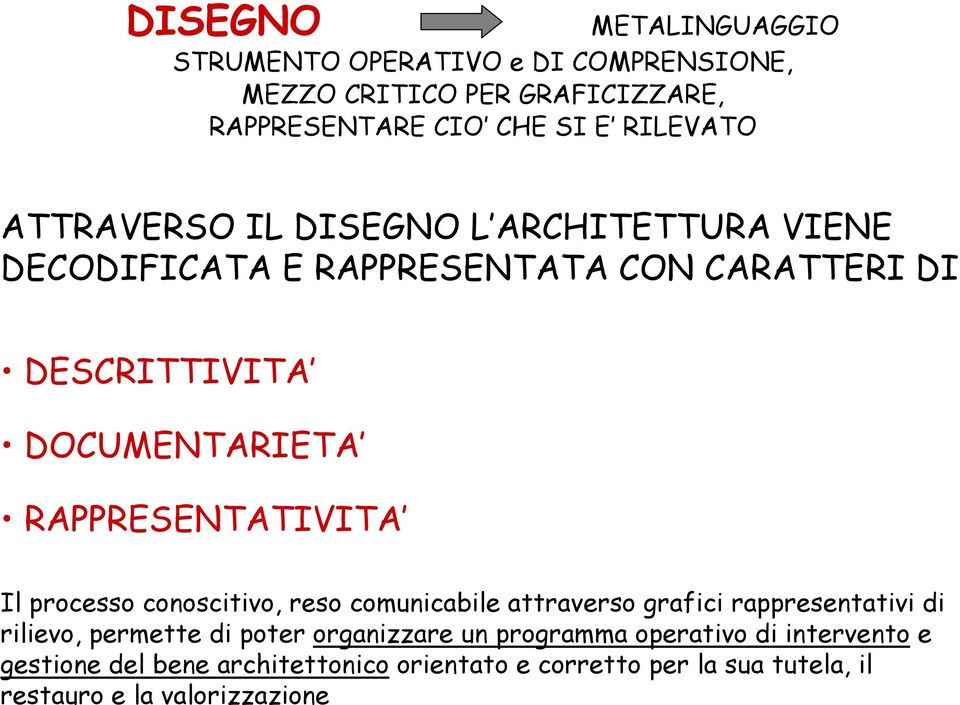 RAPPRESENTATIVITA Il processo conoscitivo, reso comunicabile attraverso grafici rappresentativi di rilievo, permette di poter