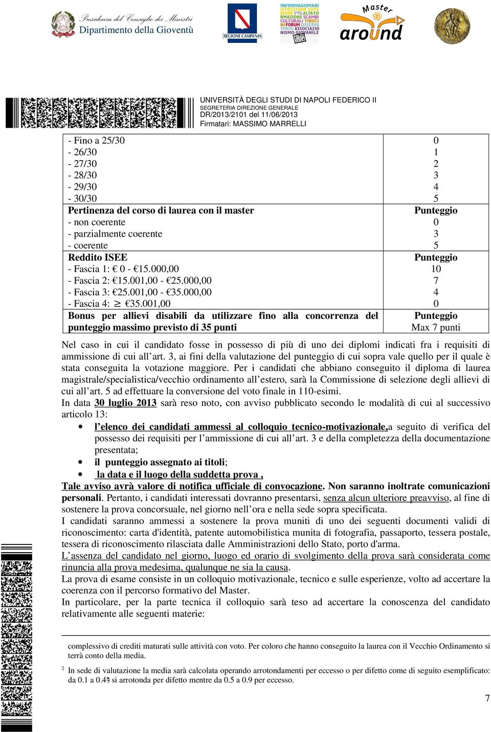 001,00 Bonus per allievi disabili da utilizzare fino alla concorrenza del punteggio massimo previsto di 35 punti 0 1 2 3 4 5 Punteggio 0 3 5 Punteggio 10 7 4 0 Punteggio Max 7 punti Nel caso in cui