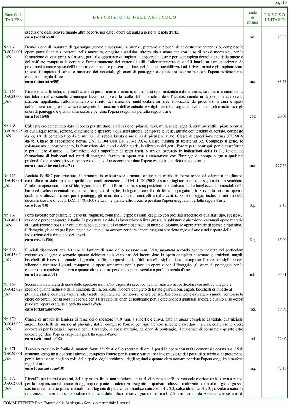 ura qualunque genere e spessore, in laterizi, pietrame e blocchi calcestruzzo cementizio, comprese le D.6021.001 opere puntuali in c.a. presenti nella muratura, eseguito a qualsiasi altezza sia a