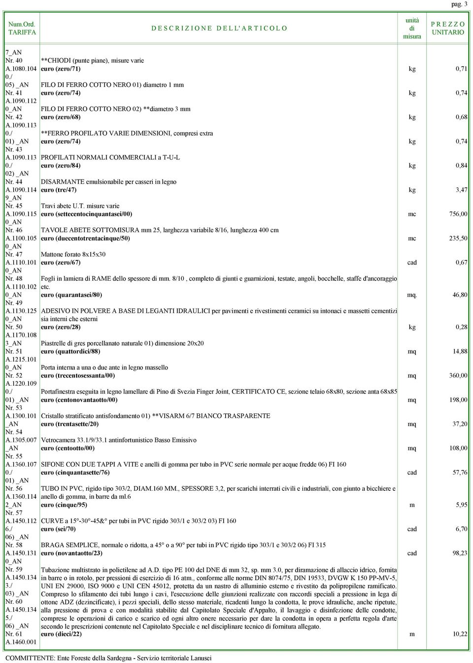 44 DISARMANTE emulsionabile per casseri in legno A.1090.114 euro (tre/47) kg 3,47 9_AN Nr. 45 Travi abete U.T. misure varie A.1090.115 euro (settecentocinquantasei/00) mc 756,00 Nr.