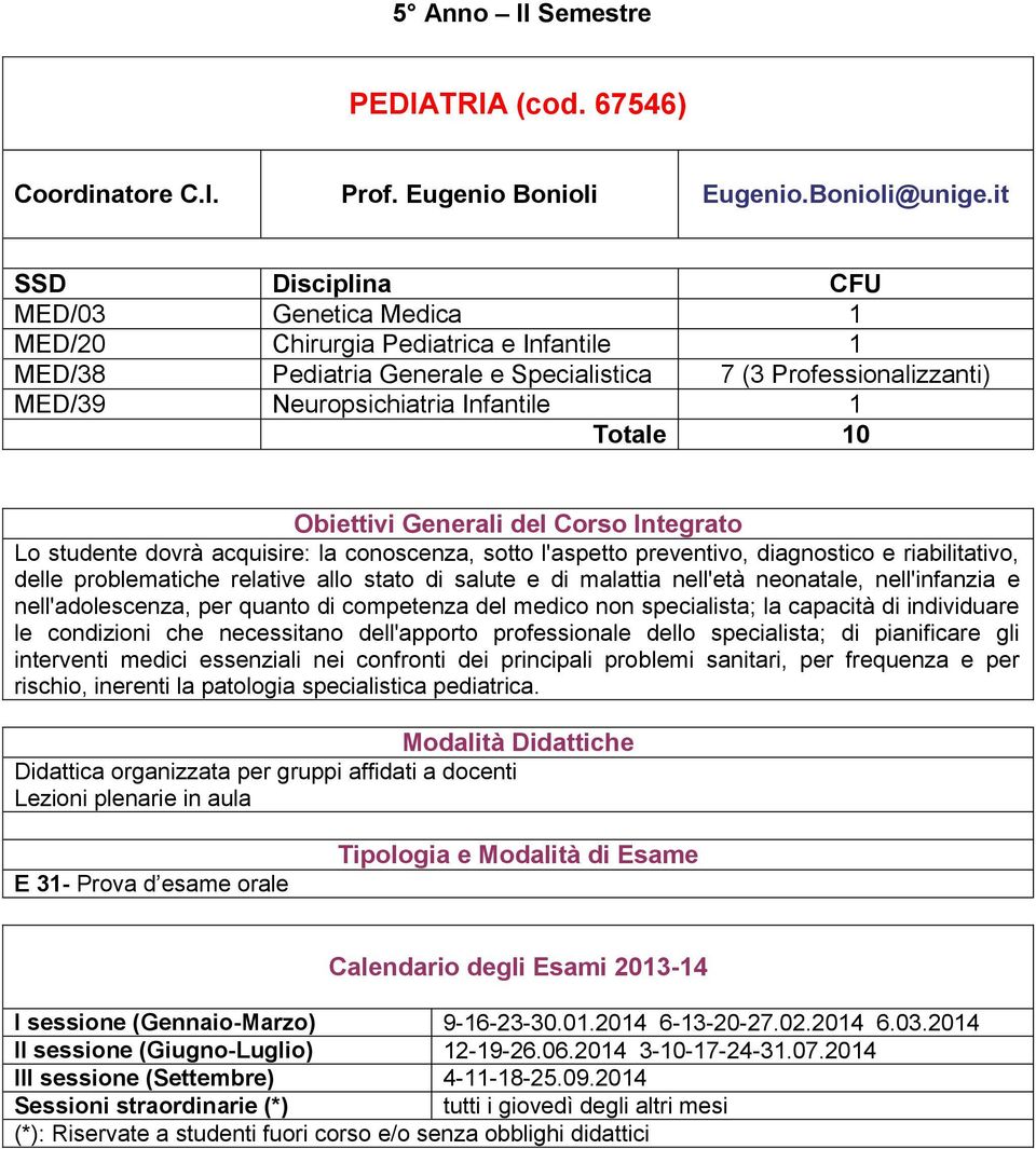 Obiettivi Generali del orso Integrato Lo studente dovrà acquisire: la conoscenza, sotto l'aspetto preventivo, diagnostico e riabilitativo, delle problematiche relative allo stato di salute e di