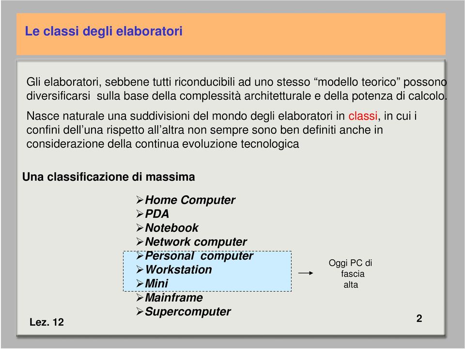 Nasce naturale una suddivisioni del mondo degli elaboratori in classi, in cui i confini dell una rispetto all altra non sempre sono ben