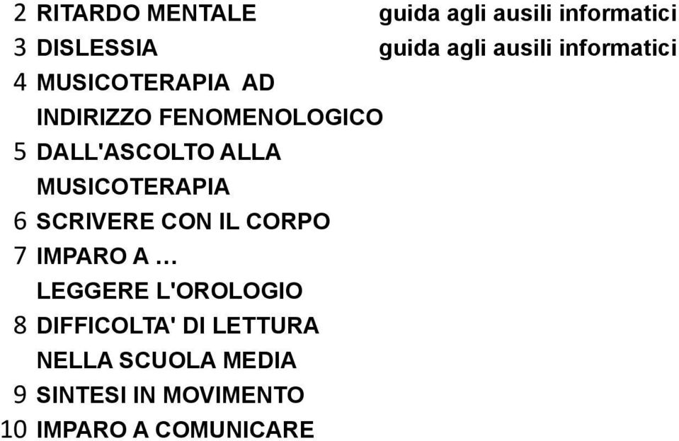 MUSICOTERAPIA 6 SCRIVERE CON IL CORPO 7 IMPARO A LEGGERE L'OROLOGIO 8