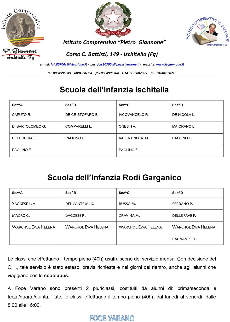 COMPARELLI L. ONESTI A. MAIORANO L. COLECCHIA L. PAOLINO F. VALENTINO A. M. PAOLINO F. PAOLINO F. PAOLINO F. Scuola dell Infanzia Rodi Garganico Sez^A Sez^B Sez^C Sez^D SAGGESE L. A DEL CONTE M. G. RUSSO M.