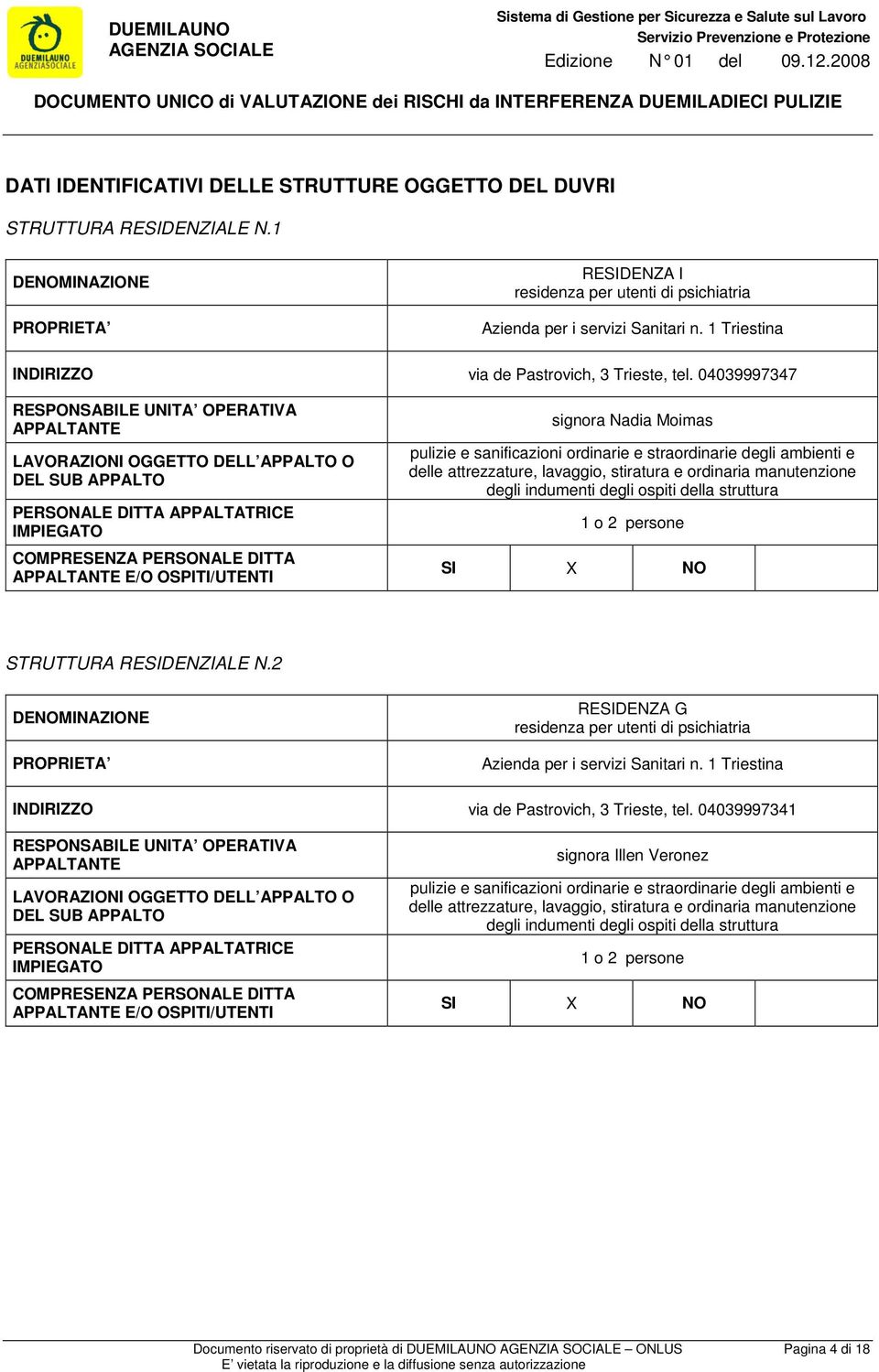 04039997347 RESPONSABILE UNITA OPERATIVA APPALTANTE LAVORAZIONI OGGETTO DELL APPALTO O DEL SUB APPALTO PERSONALE DITTA APPALTATRICE IMPIEGATO COMPRESENZA PERSONALE DITTA APPALTANTE E/O OSPITI/UTENTI