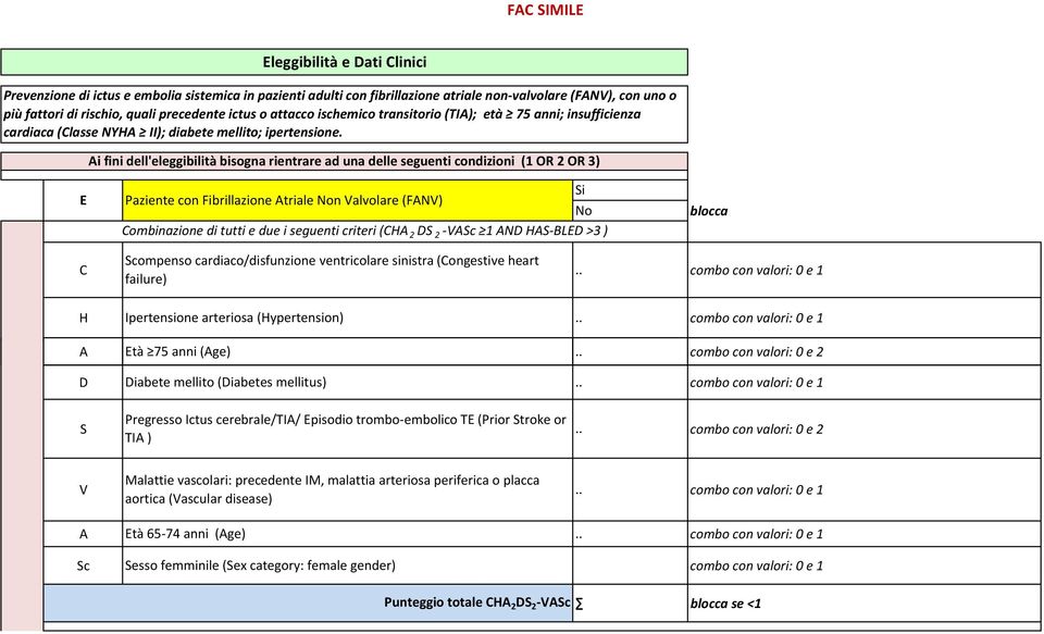 Ai fini dell'eleggibilità bisogna rientrare ad una delle seguenti condizioni (1 R 2 R 3) Paziente con Fibrillazione Atriale n Valvolare (FANV) Combinazione di tutti e due i seguenti criteri (CHA 2 DS