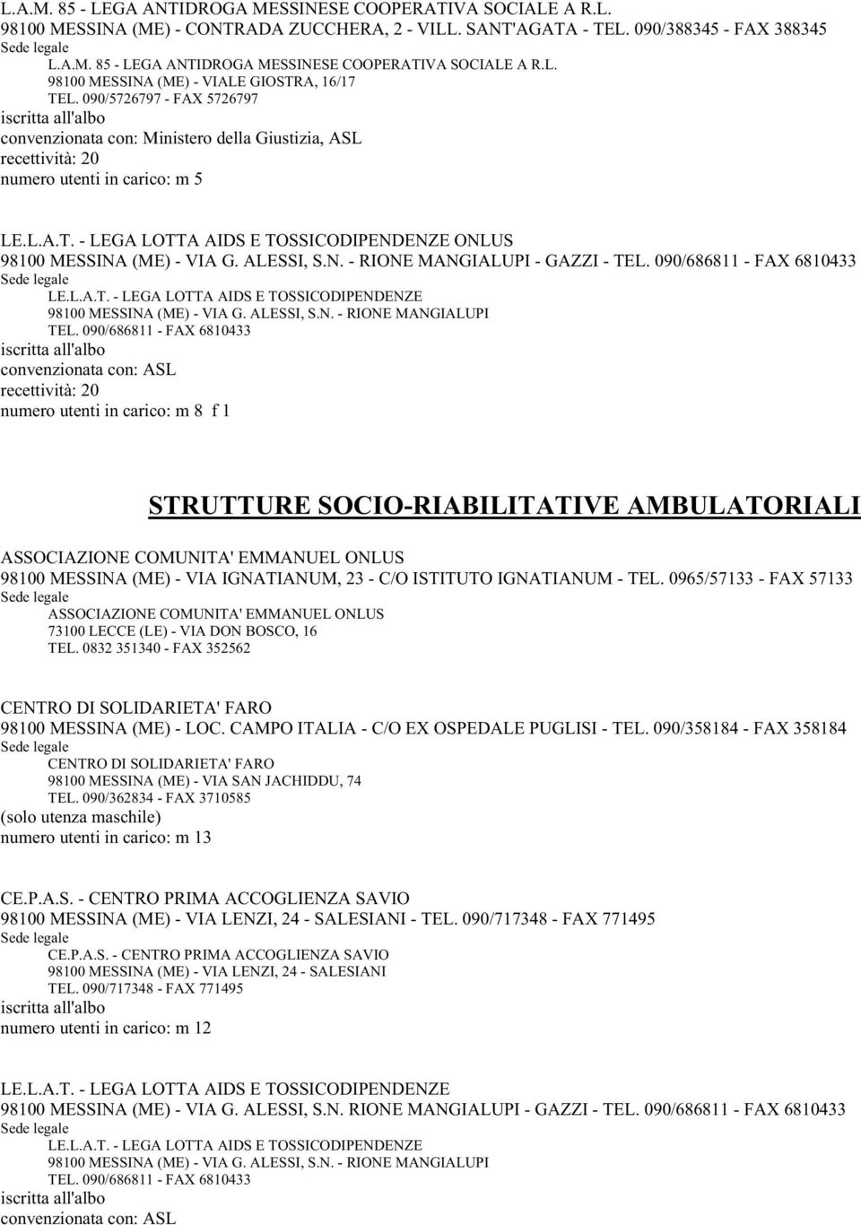 090/686811 - FAX 6810433 LE.L.A.T. - LEGA LOTTA AIDS E TOSSICODIPENDENZE 98100 MESSINA (ME) - VIA G. ALESSI, S.N. - RIONE MANGIALUPI TEL.