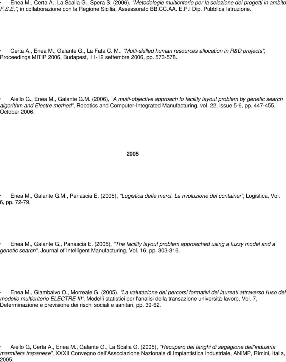 Aiello G., Enea M., Galante G.M. (2006), A multi-objective approach to facility layout problem by genetic search algorithm and Electre method, Robotics and Computer-Integrated Manufacturing, vol.