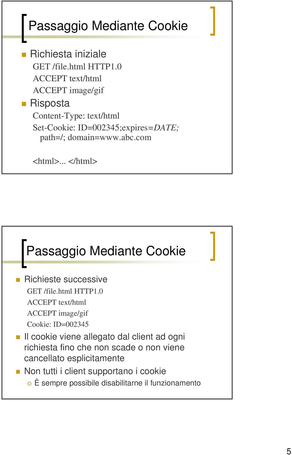 com <html>... </html> Passaggio Mediante Cookie Richieste successive GET /file.html HTTP1.