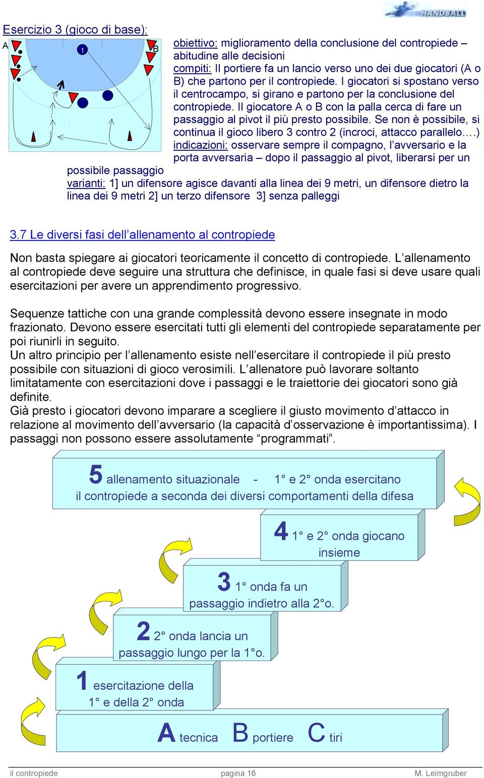 Il giocatore A o B con la palla cerca di fare un passaggio al pivot il più presto possibile. Se non è possibile, si continua il gioco libero 3 contro (incroci, attacco parallelo.