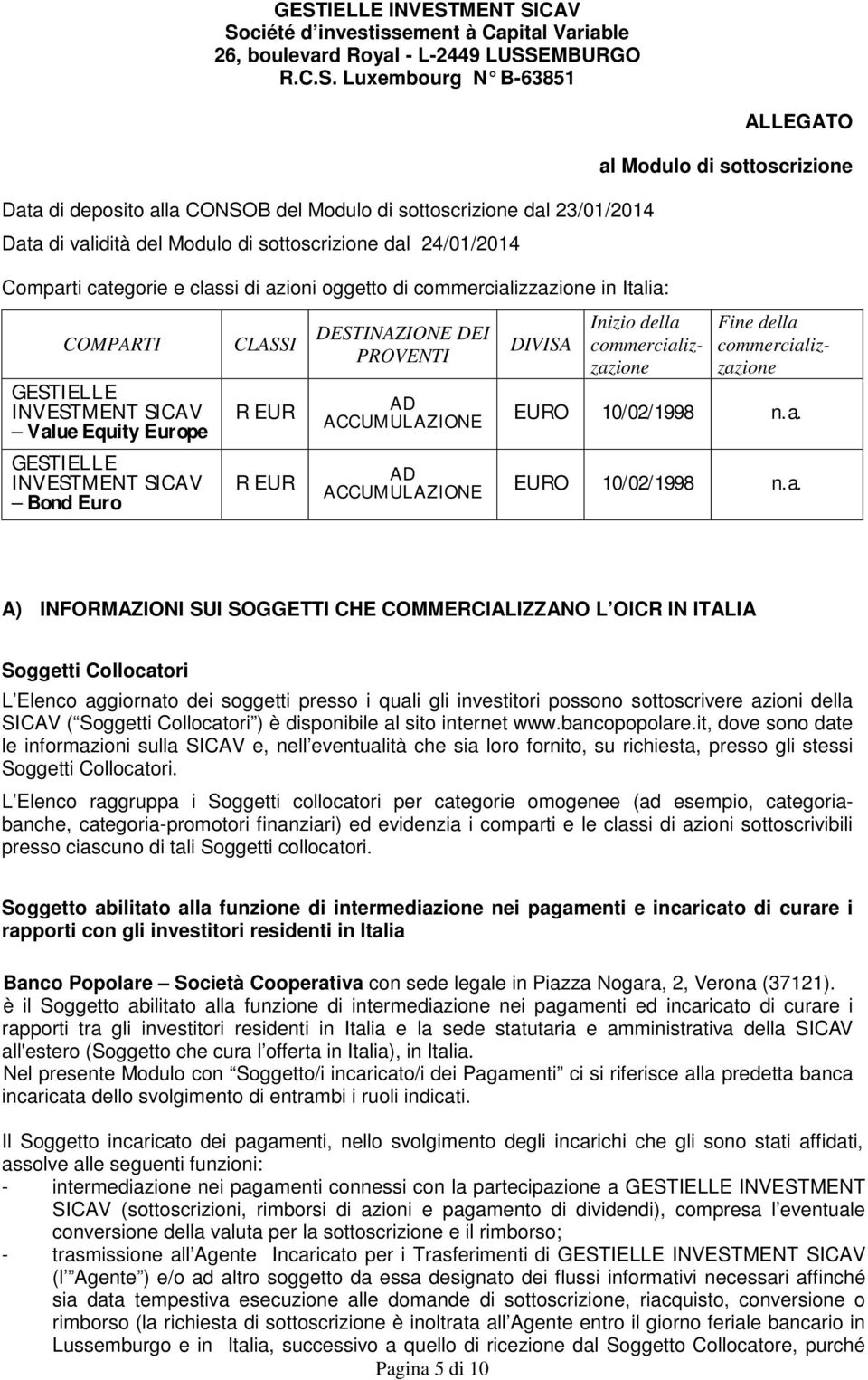 Equity Europe GESTIELLE INVESTMENT SICAV Bond Euro CLASSI R EUR R EUR DESTINAZIONE DEI PROVENTI AD ACCUMULAZIONE AD ACCUMULAZIONE DIVISA ALLEGATO al Modulo di sottoscrizione Inizio della