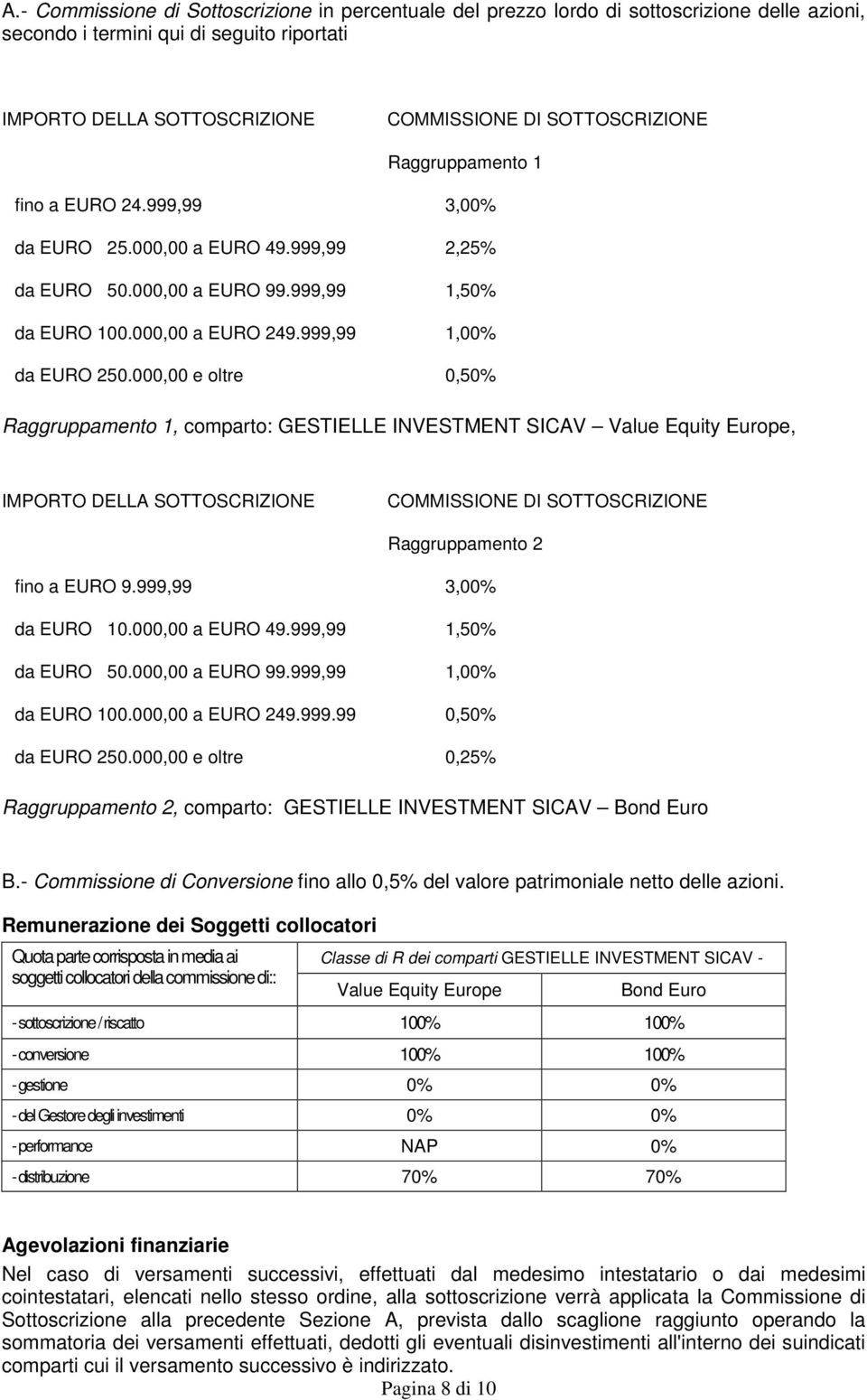 000,00 e oltre 0,50% Raggruppamento 1, comparto: GESTIELLE INVESTMENT SICAV Value Equity Europe, IMPORTO DELLA SOTTOSCRIZIONE COMMISSIONE DI SOTTOSCRIZIONE Raggruppamento 2 fino a EURO 9.