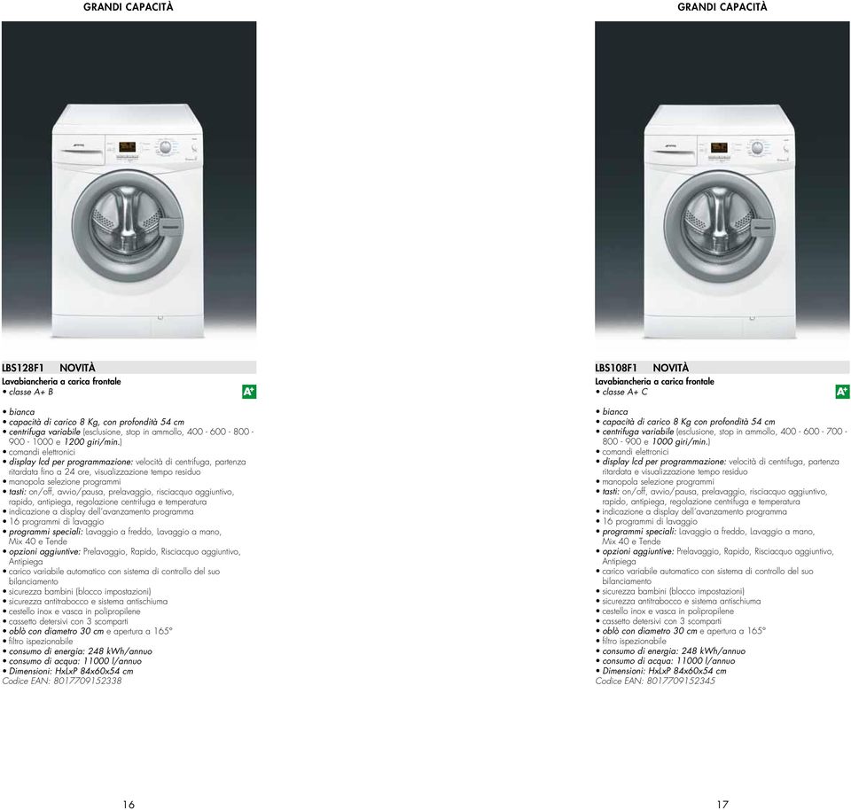 antipiega, regolazione centrifuga e temperatura indicazione a display dell avanzamento programma 16 programmi di lavaggio programmi speciali: Lavaggio a freddo, Lavaggio a mano, Mix 40 e Tende