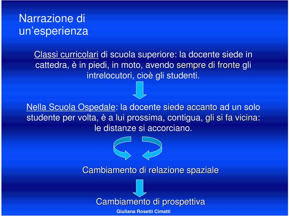 Nella Scuola Ospedale: la docente siede accanto ad un solo studente per volta, è a lui prossima,