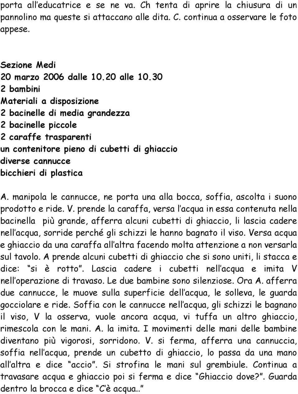 30 2 bambini Materiali a disposizione 2 bacinelle di media grandezza 2 bacinelle piccole 2 caraffe trasparenti un contenitore pieno di cubetti di ghiaccio diverse cannucce bicchieri di plastica A.