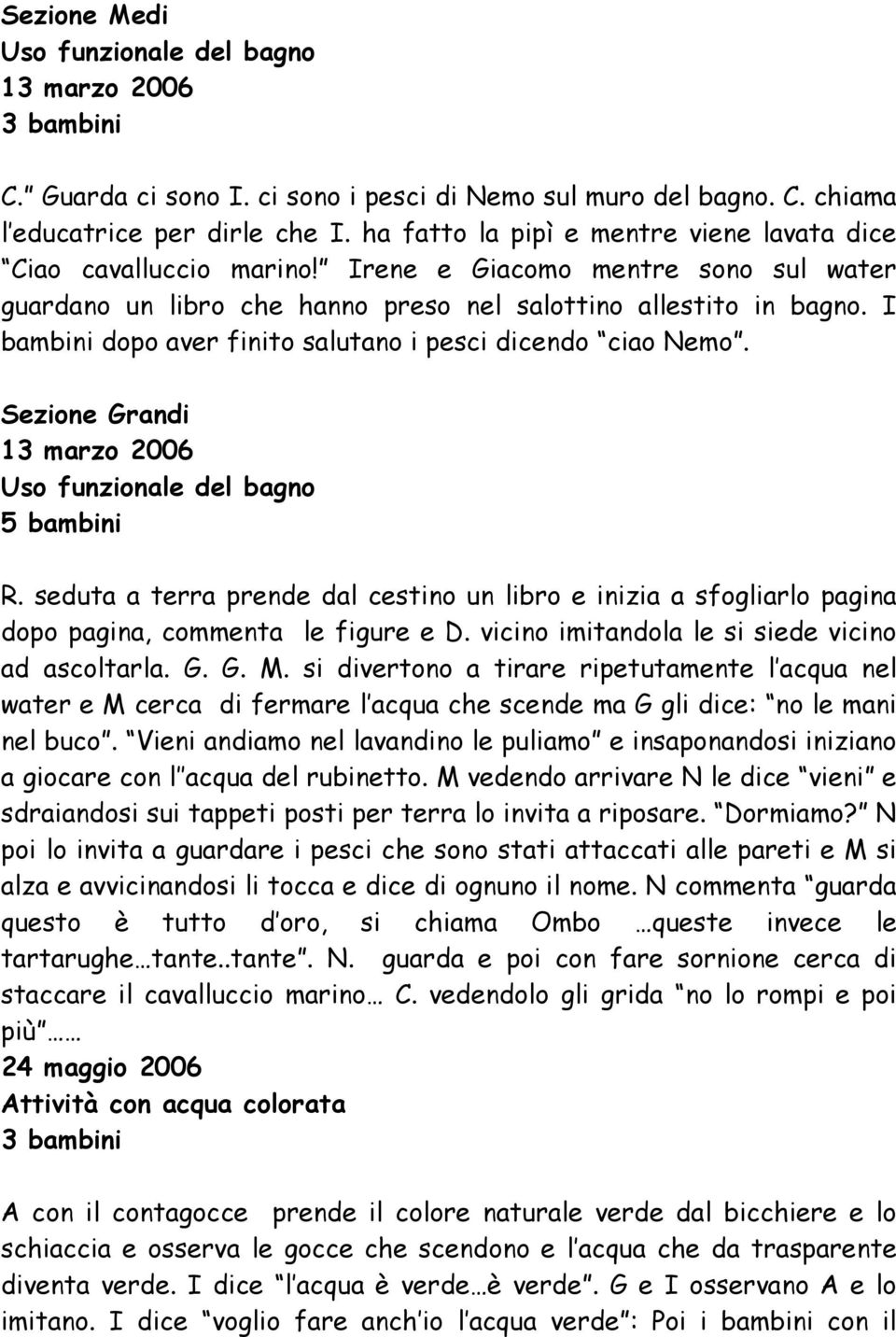 I bambini dopo aver finito salutano i pesci dicendo ciao Nemo. Sezione Grandi 13 marzo 2006 Uso funzionale del bagno 5 bambini R.