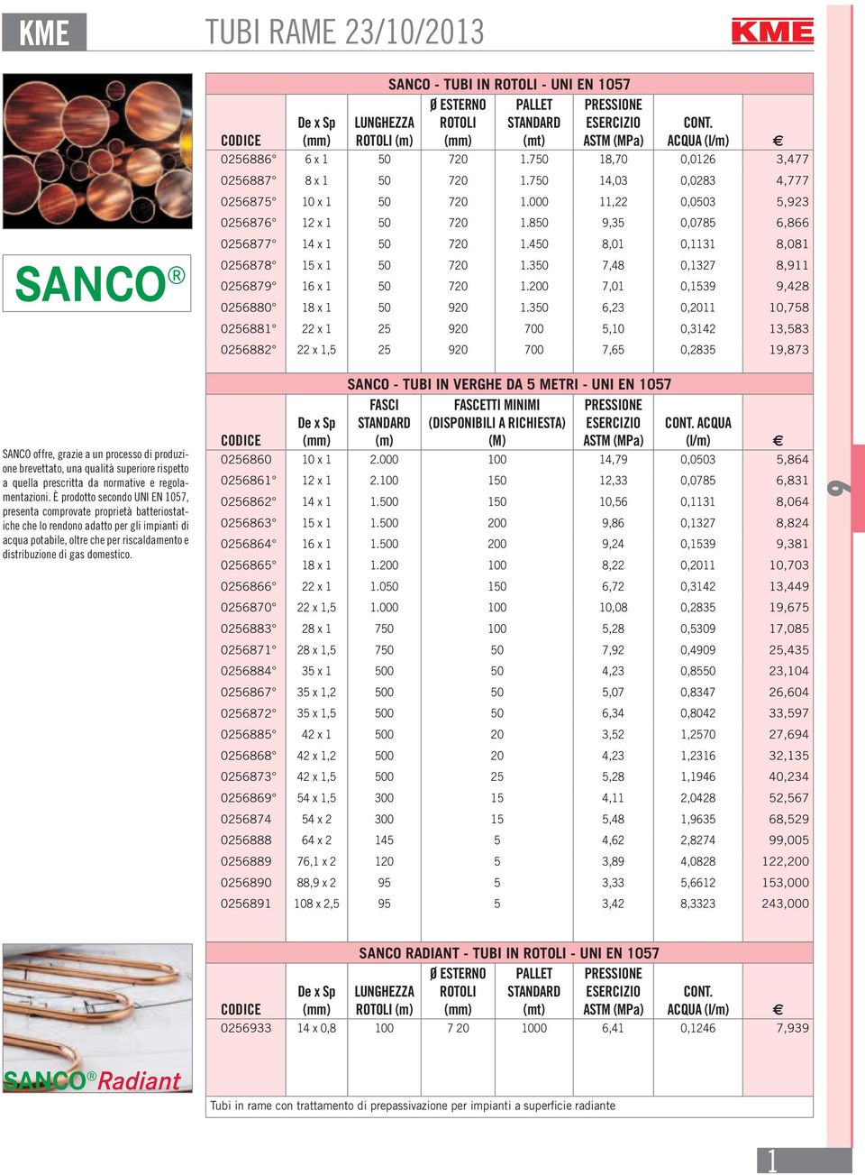 SANCO - TUBI IN ROTOLI - UNI EN 1057 ROTOLI ASTM (MPa) CONT. ACQUA (l/m) 02588 x 1 50 720 1.750 18,70 0,012 3,477 025887 8 x 1 50 720 1.750 14,03 0,0283 4,777 025875 10 x 1 50 720 1.