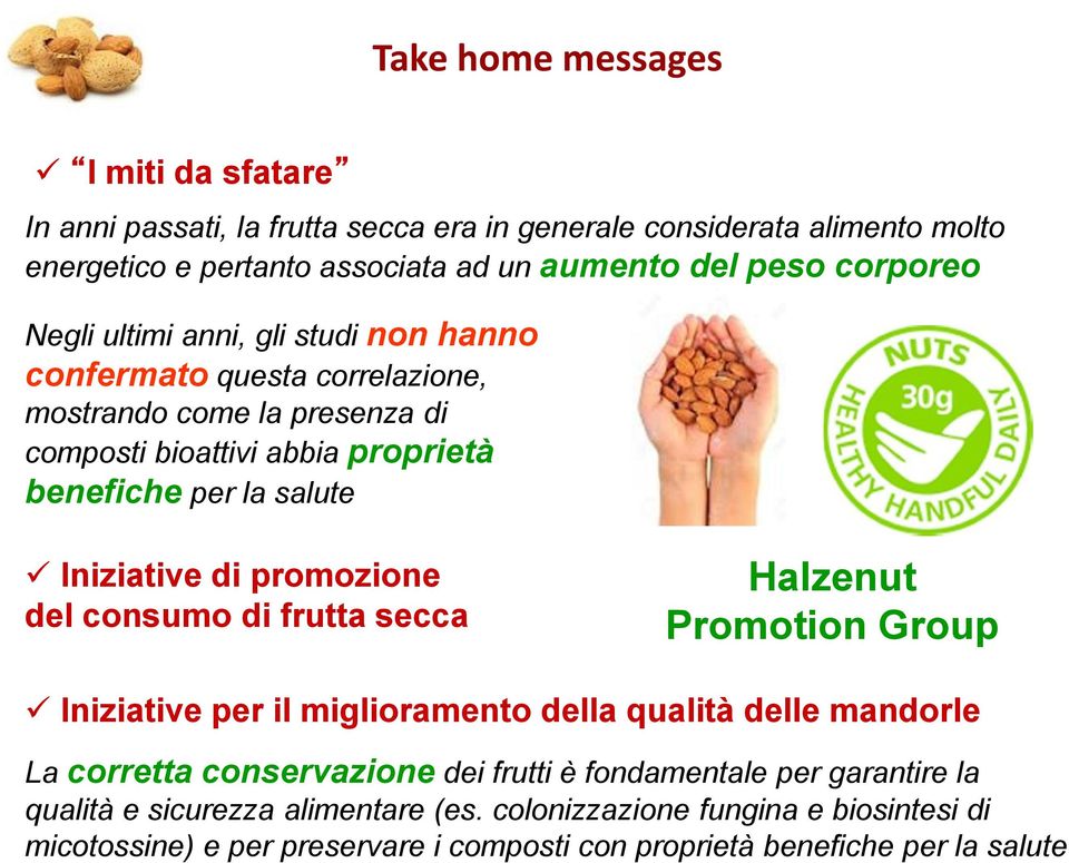 Iniziative di promozione del consumo di frutta secca Halzenut Promotion Group Iniziative per il miglioramento della qualità delle mandorle La corretta conservazione dei