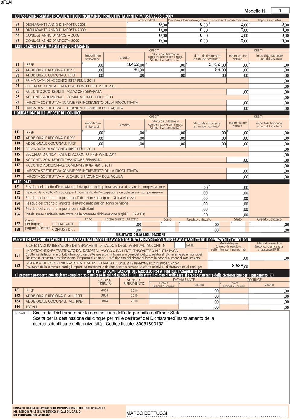 008 0 0 0 0 8 ANNO D IMPOSTA 009 0 0 0 0 8 ANNO D IMPOSTA 008 0 0 0 0 8 ANNO D IMPOSTA 009 0 0 0 0 LIQUIDAZIONE DELLE IMPOSTE DEL CREDITI DEBITI di cui da utilizzare in Importi non rimborsabili