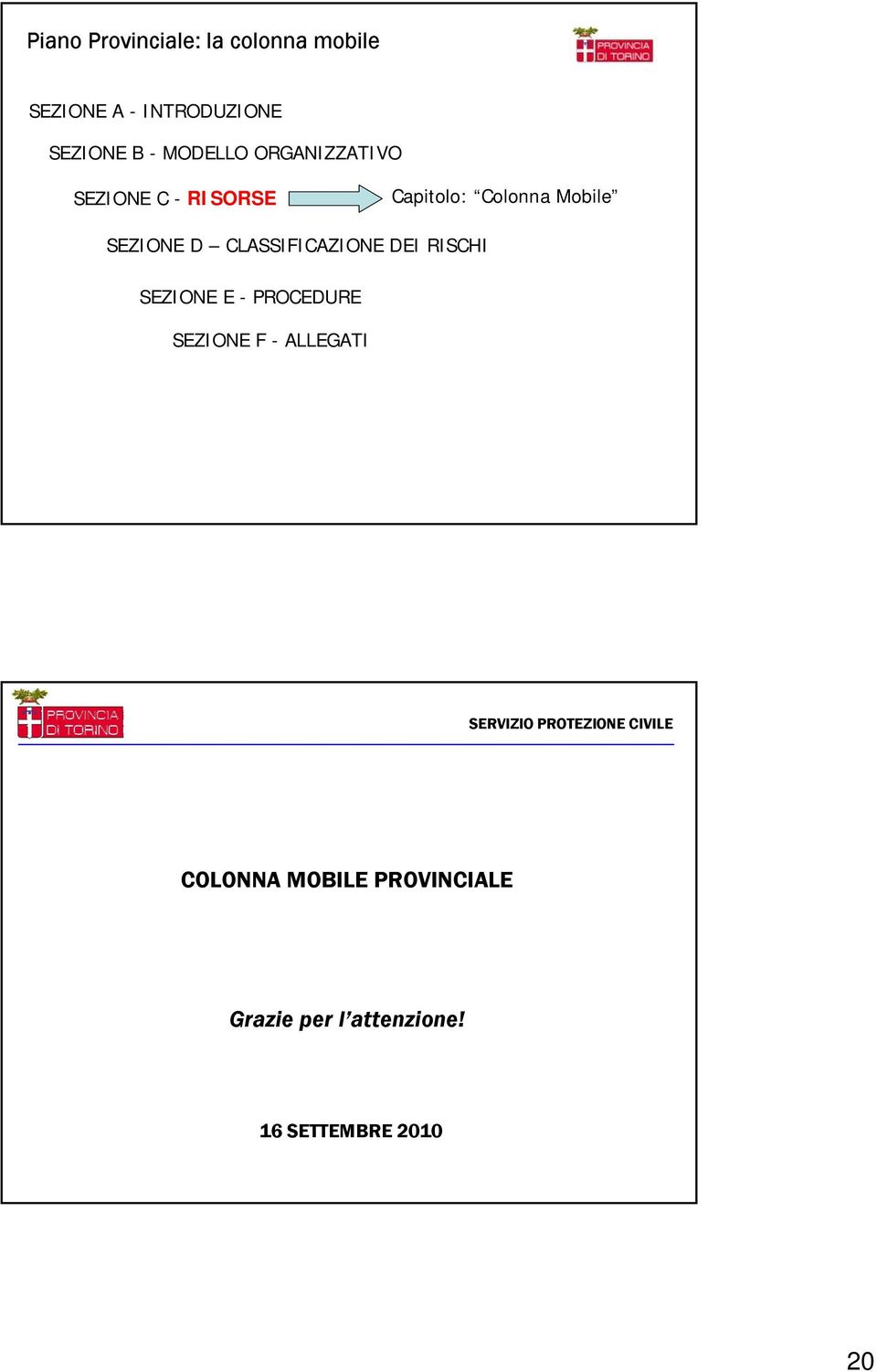 CLASSIFICAZIONE DEI RISCHI SEZIONE E - PROCEDURE SEZIONE F - ALLEGATI SERVIZIO