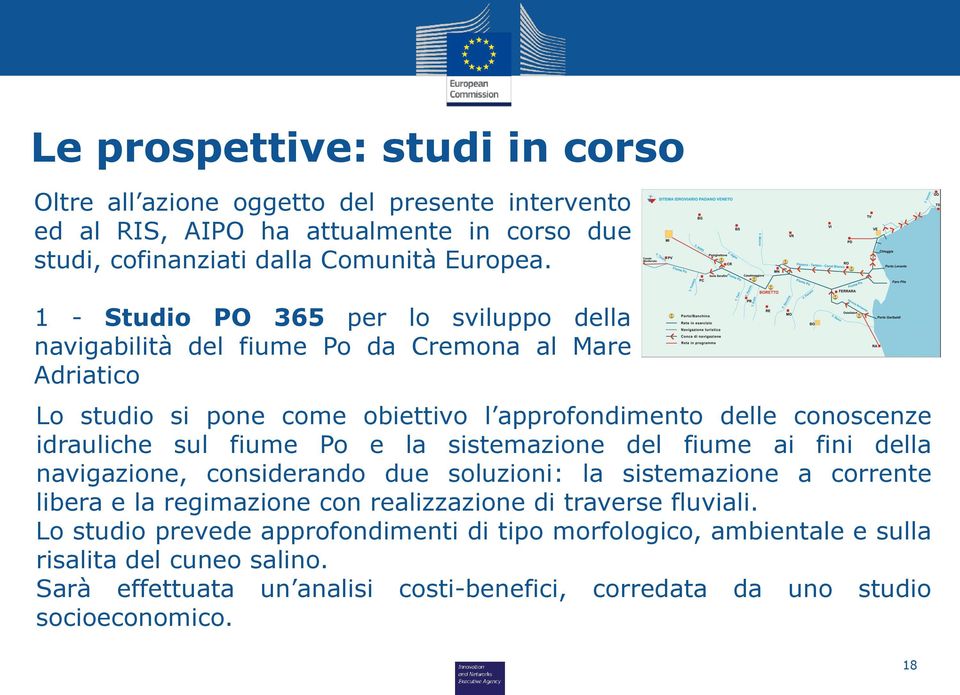 fiume Po e la sistemazione del fiume ai fini della navigazione, considerando due soluzioni: la sistemazione a corrente libera e la regimazione con realizzazione di traverse