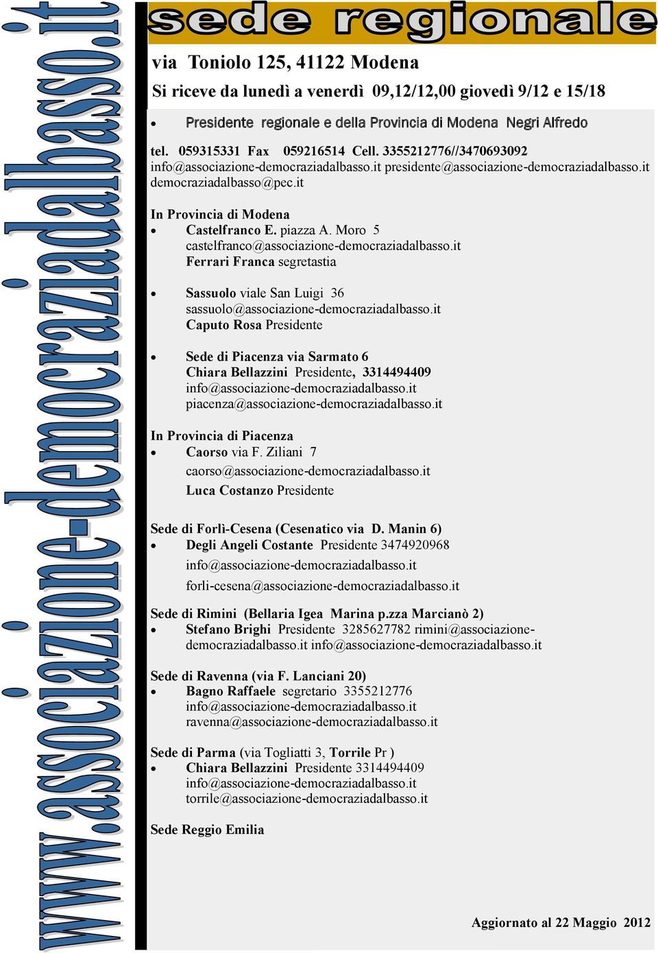 Moro 5 castelfranco@associazione-democraziadalbasso.it Ferrari Franca segretastia Sassuolo viale San Luigi 36 sassuolo@associazione-democraziadalbasso.