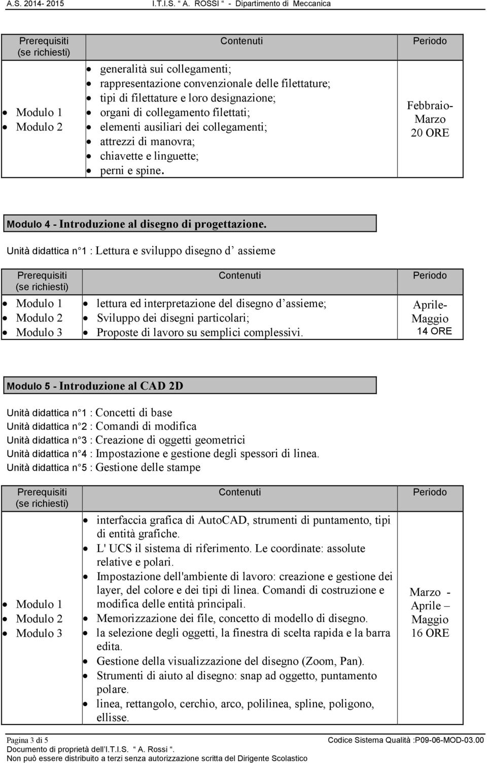 filettati; elementi ausiliari dei collegamenti; attrezzi di manovra; chiavette e linguette; perni e spine. Febbraio- Marzo 20 ORE Modulo 4 - Introduzione al disegno di progettazione.