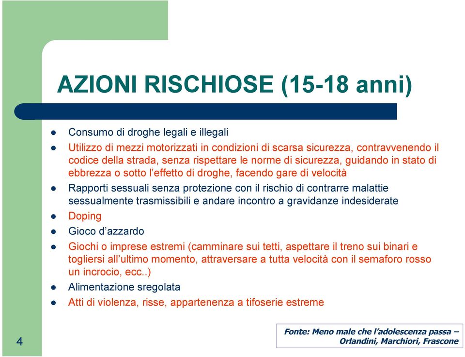 andare incontro a gravidanze indesiderate Doping Gioco d azzardo Giochi o imprese estremi (camminare sui tetti, aspettare il treno sui binari e togliersi all ultimo momento, attraversare a tutta