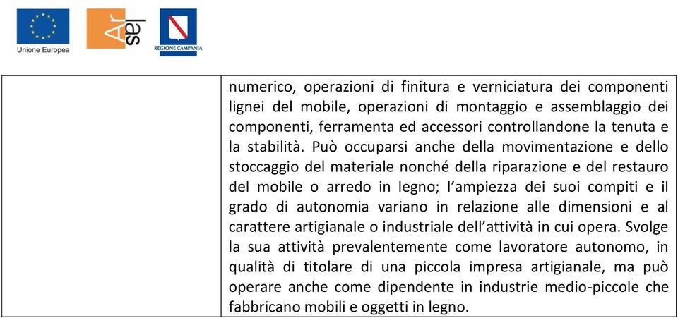 Può occuparsi anche della movimentazione e dello stoccaggio del materiale nonché della riparazione e del restauro del mobile o arredo in ; l ampiezza dei suoi compiti e il grado di