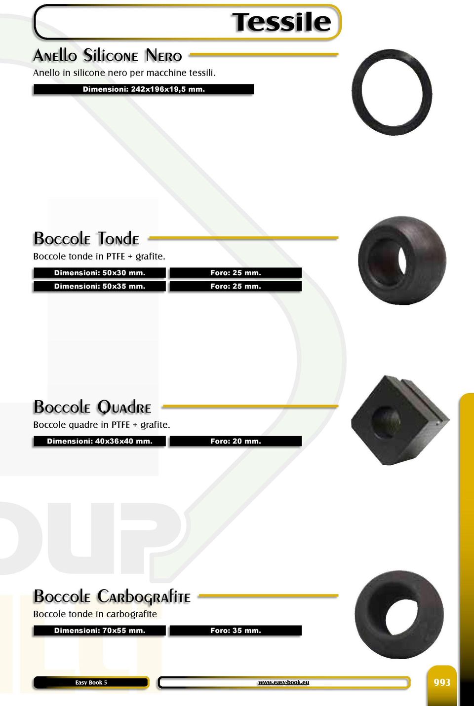 Foro: 25 mm. Foro: 25 mm. Boccole Quadre Boccole quadre in PTFE + grafite. Dimensioni: 40x36x40 mm.