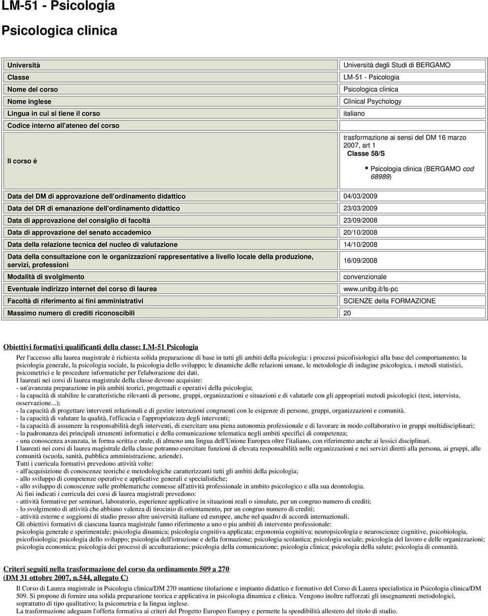 dell'ordinamento didattico 04/03/2009 Data del DR di emanazione dell'ordinamento didattico 23/03/2009 Data di approvazione del consiglio di facoltà 23/09/2008 Data di approvazione del senato