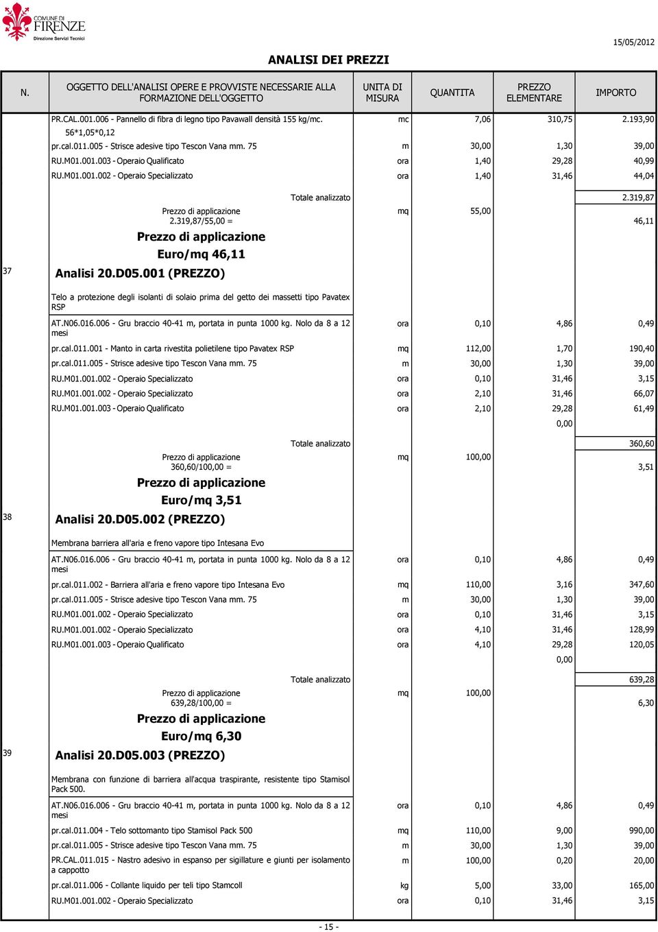 006 - Gru braccio 40-41, portata i puta 1000. Nolo da 8 a 12 esi 0,49 pr.cal.011.001 - Mato i carta rivestita polietilee tipo Pavatex RSP 11 1,70 19 pr.cal.011.005 - Strisce adesive tipo Tesco Vaa.