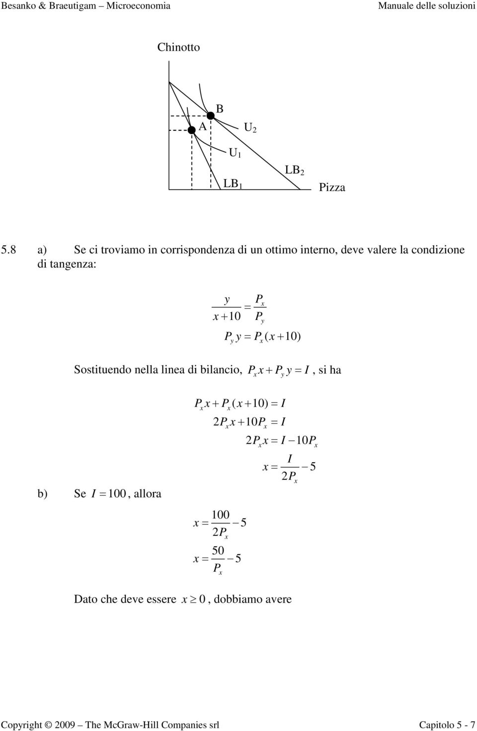 tangenza: = + 10 = ( + 10) Sostituendo nella linea di bilancio, + = I, si ha b) Se I = 100,