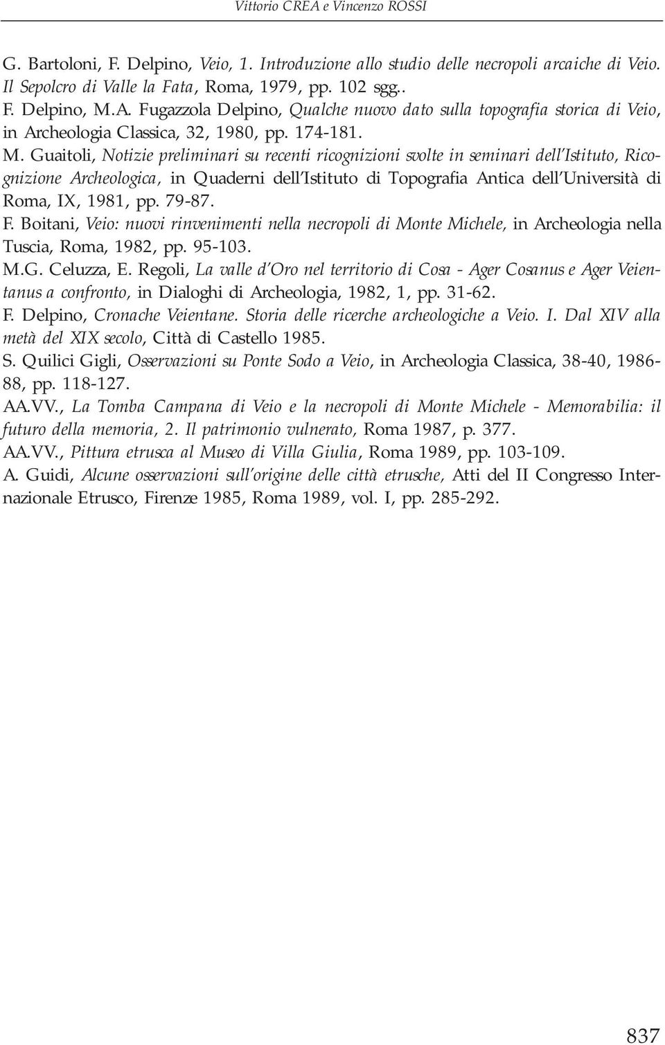 Guaitoli, Notizie preliminari su recenti ricognizioni svolte in seminari dell Istituto, Ricognizione Archeologica, in Quaderni dell Istituto di Topografia Antica dell Università di Roma, IX, 1981, pp.