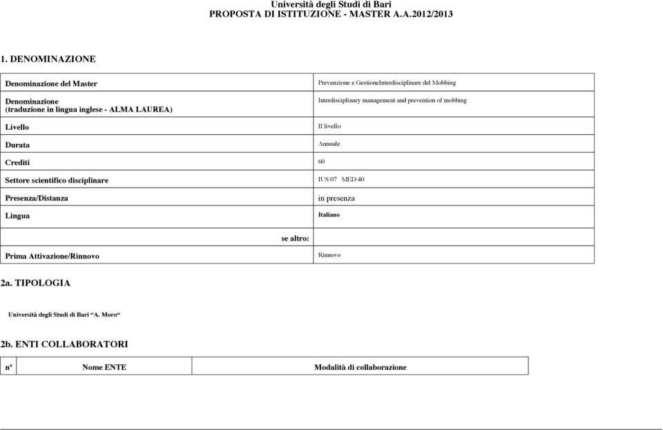 GestioneInterdisciplinare del Mobbing Interdisciplinary management and prevention of mobbing II livello Annuale Crediti 60 Settore scientifico