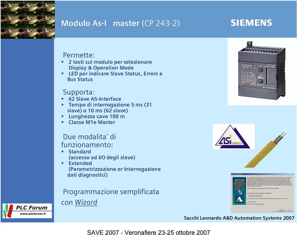 slave) o 10 ms (62 slave) Lunghezza cavo 100 m Classe M1e Master Due modalita di funzionamento: Standard