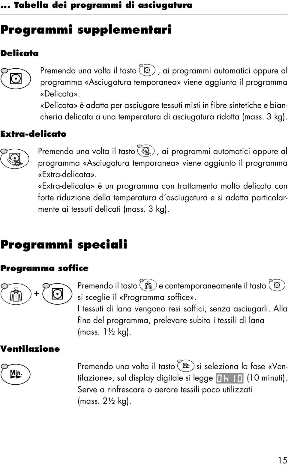 Premendo una volta il tasto, ai programmi automatici oppure al programma «Asciugatura temporanea» viene aggiunto il programma «Extra-delicata».