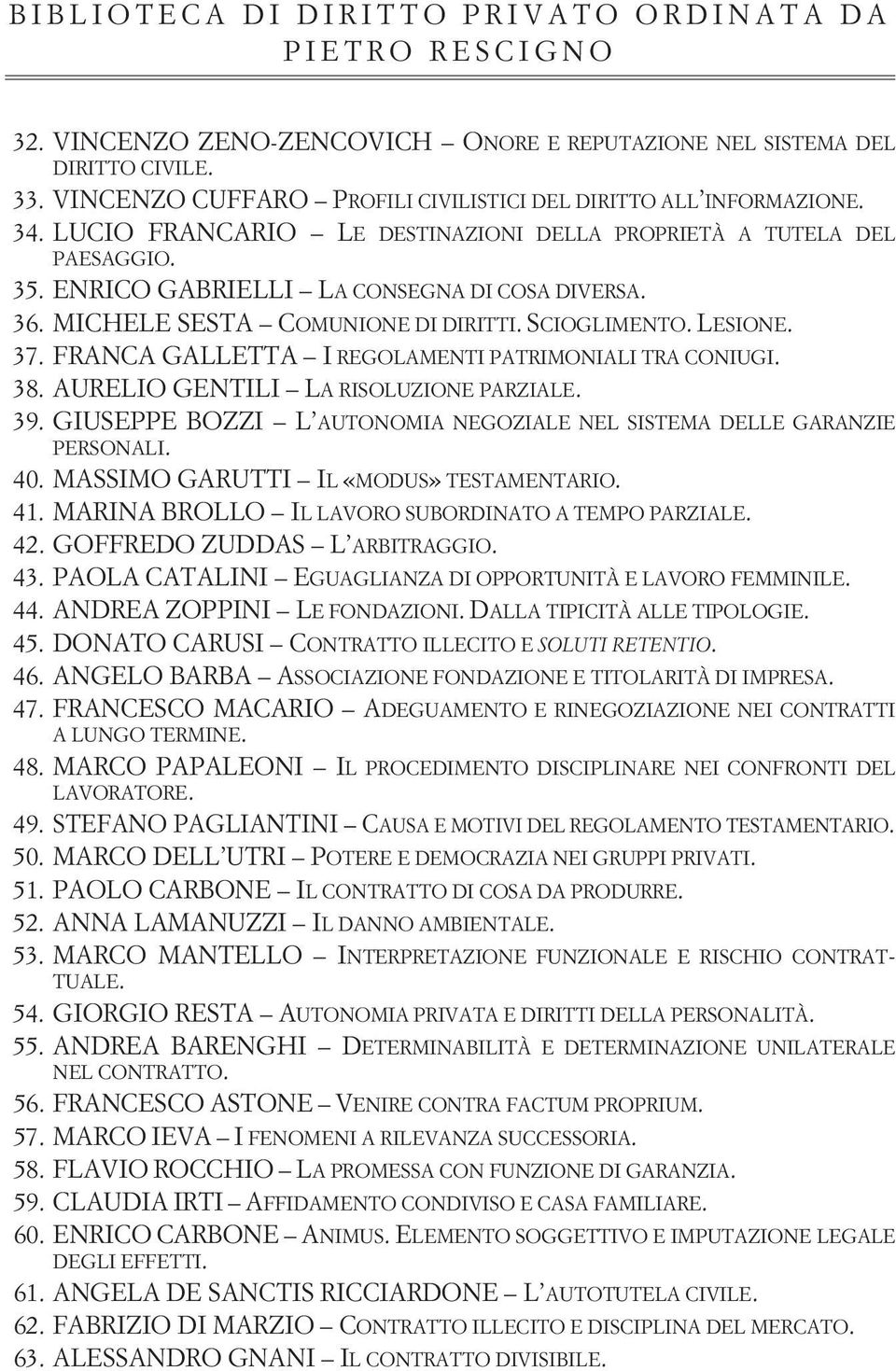 MICHELE SESTA COMUNIONE DI DIRITTI. SCIOGLIMENTO. LESIONE. 37. FRANCA GALLETTA I REGOLAMENTI PATRIMONIALI TRA CONIUGI. 38. AURELIO GENTILI LA RISOLUZIONE PARZIALE. 39.